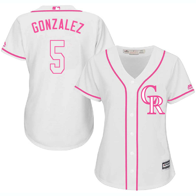 Rockies 5 Carlos Gonzalez White Pink Women Cool Base Jersey