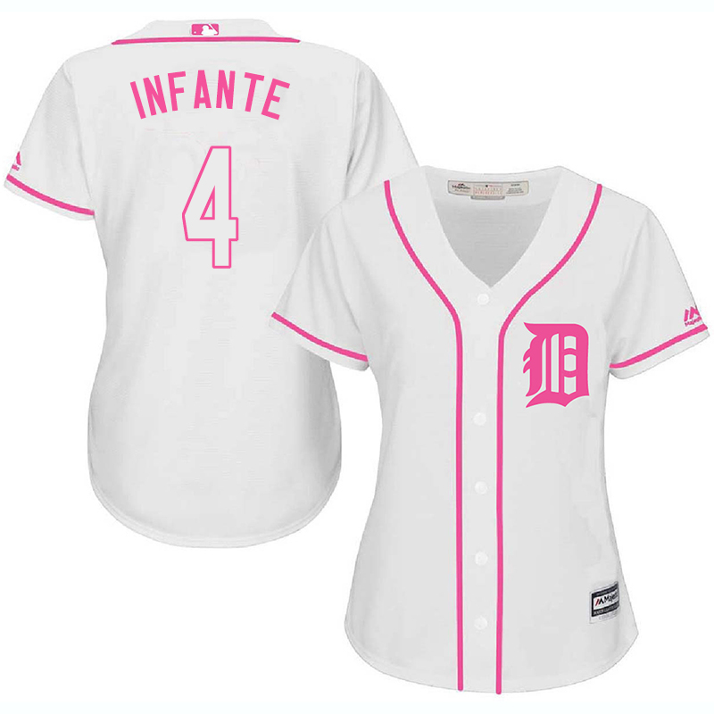 Tigers 4 Omar Infante White Pink Women Cool Base Jersey