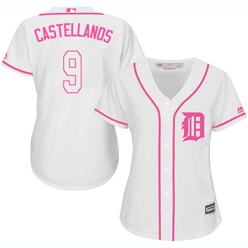 Tigers 9 Nicholas Castellanos White Pink Women Cool Base Jersey
