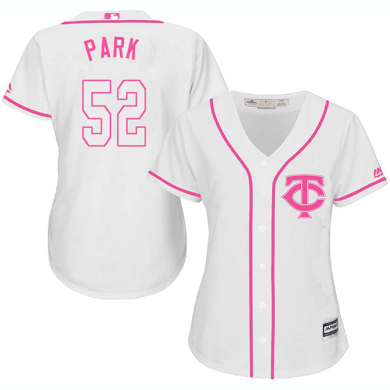 Twins 52 Byung Ho Park White Pink Women Cool Base Jersey - Click Image to Close