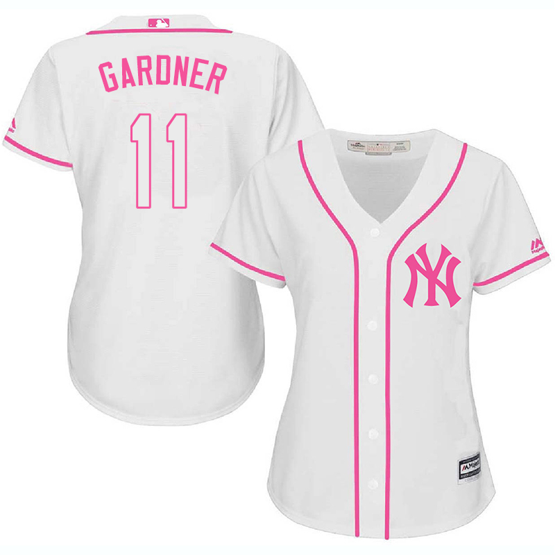Yankees 11 Brett Gardner White Pink Women Cool Base Jersey