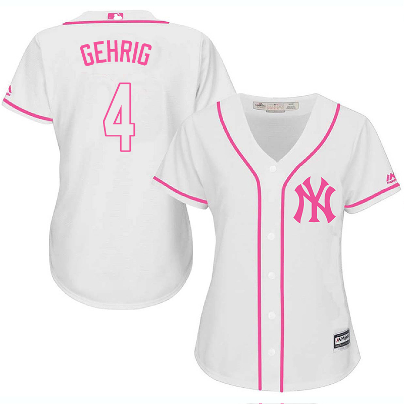 Yankees 4 Lou Gehrig White Pink Women Cool Base Jersey