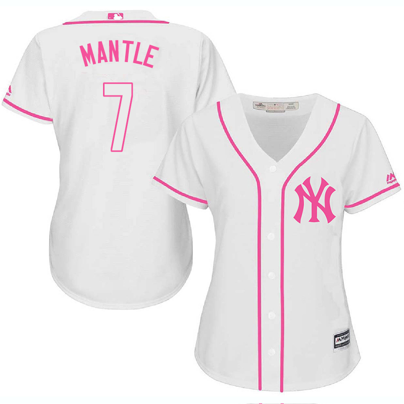 Yankees 7 Mickey Mantle White Pink Women Cool Base Jersey