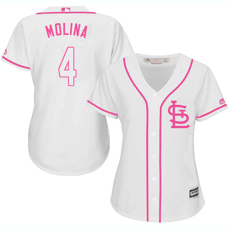 Cardinals 4 Yadier Molina White Pink Women Cool Base Jersey