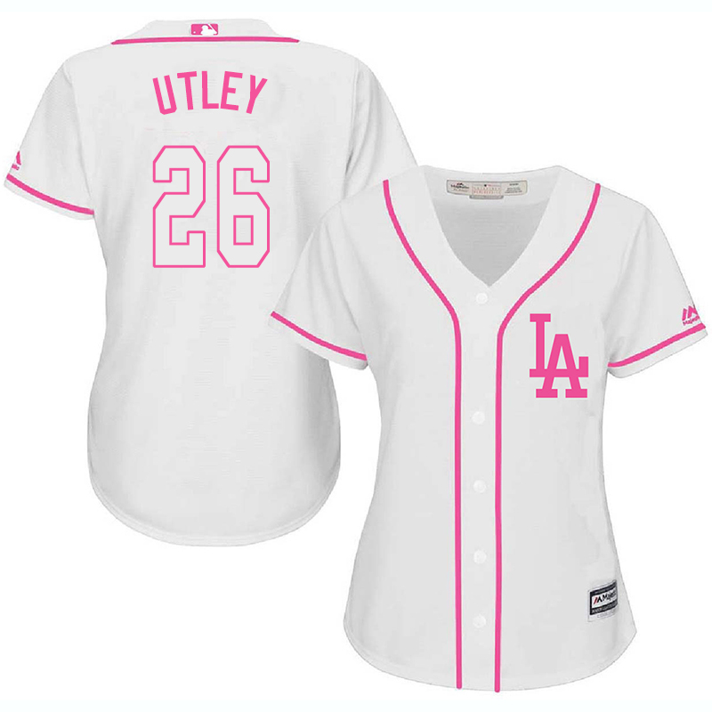 Dodgers 26 Chase Utley White Pink Women Cool Base Jersey