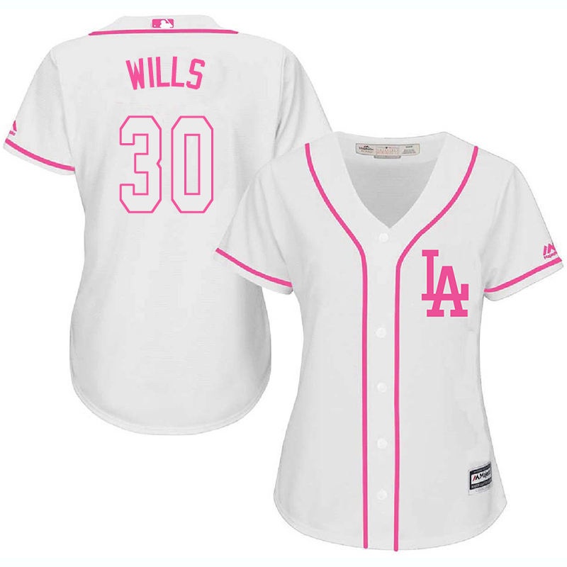 Dodgers 30 Maury Wills White Pink Women Cool Base Jersey