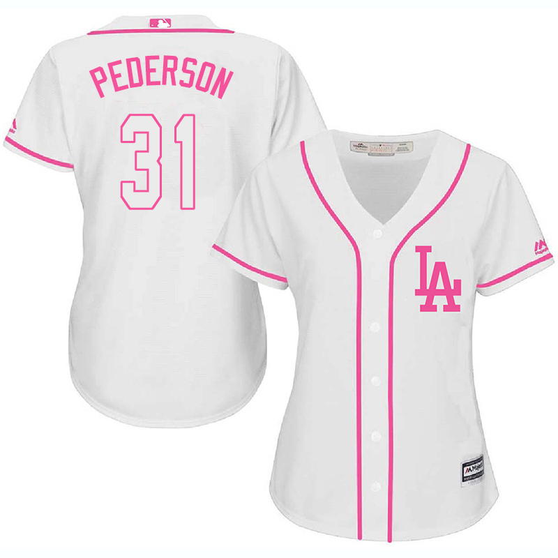 Dodgers 31 Joc Pederson White Pink Women Cool Base Jersey