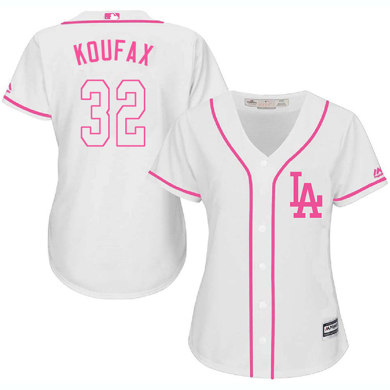 Dodgers 32 Sandy Koufax White Pink Women Cool Base Jersey