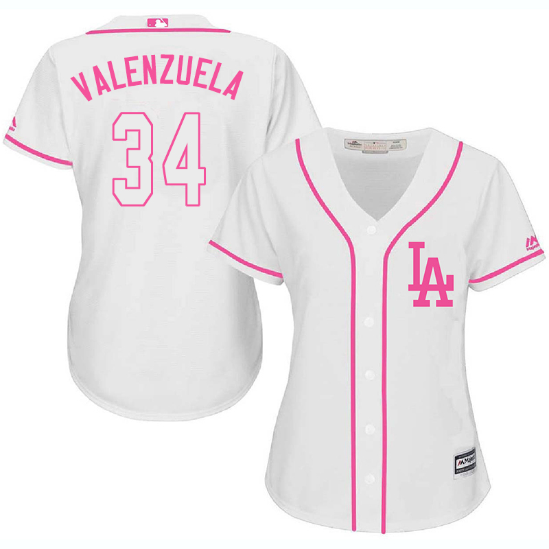 Dodgers 34 Fernando Valenzuela White Pink Women Cool Base Jersey