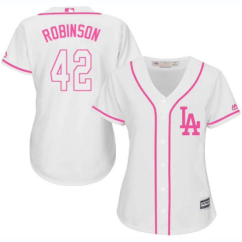 Dodgers 42 Jackie Robinson White Pink Women Cool Base Jersey