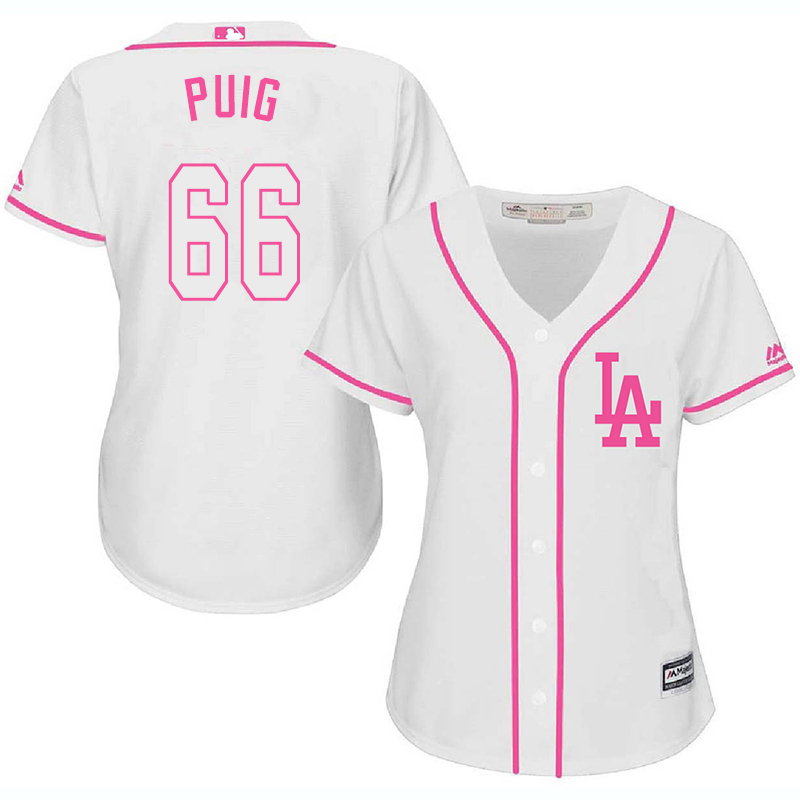 Dodgers 66 Yasiel Puig White Pink Women Cool Base Jersey