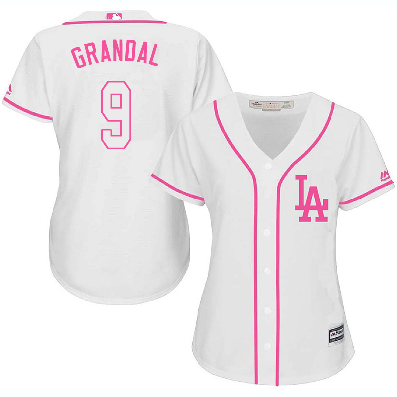Dodgers 9 Yasmani Grandal White Pink Women Cool Base Jersey
