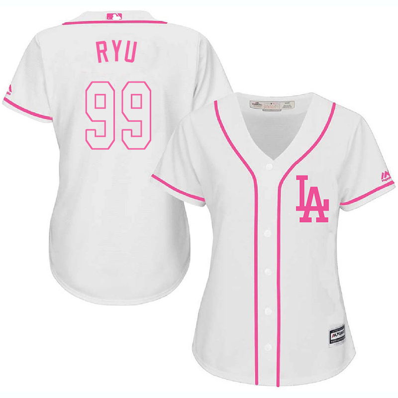 Dodgers 99 Hyun Jin Ryu White Pink Women Cool Base Jersey