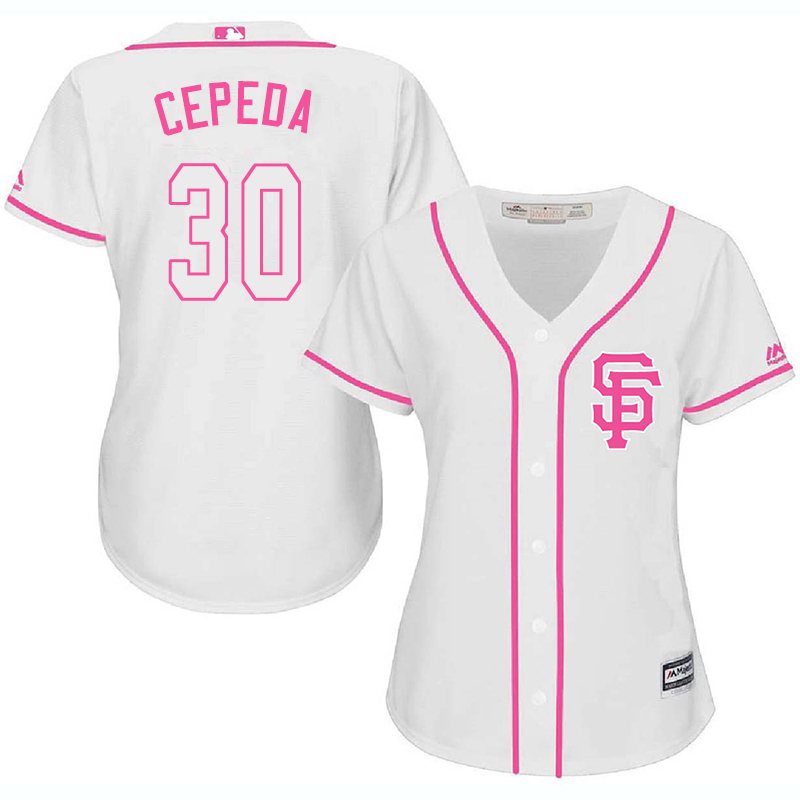 Giants 30 Orlando Cepeda White Pink Women Cool Base Jersey - Click Image to Close