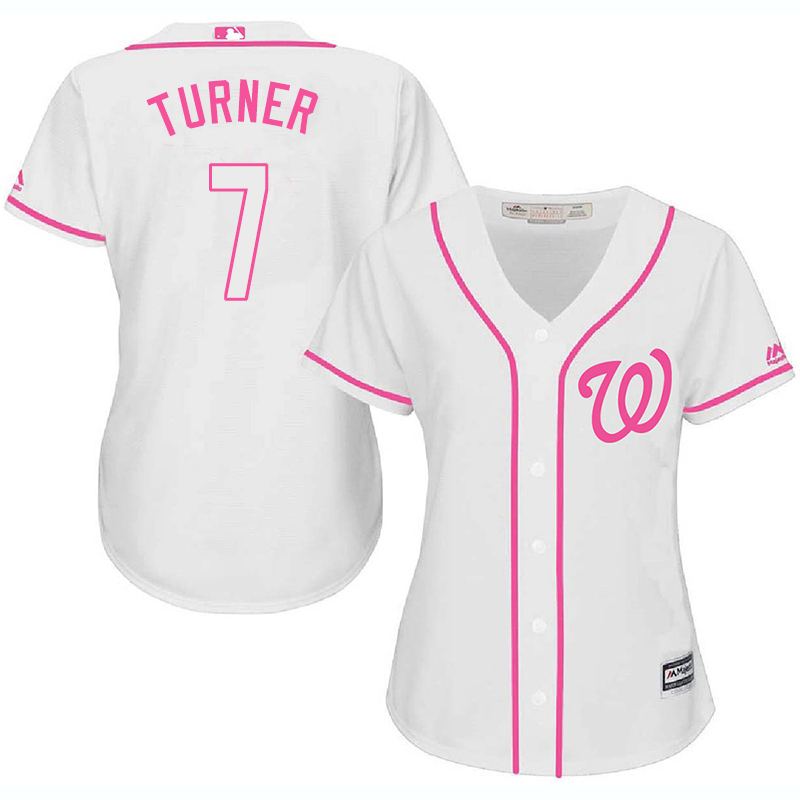 Nationals 7 Trea Turner White Pink Women Cool Base Jersey