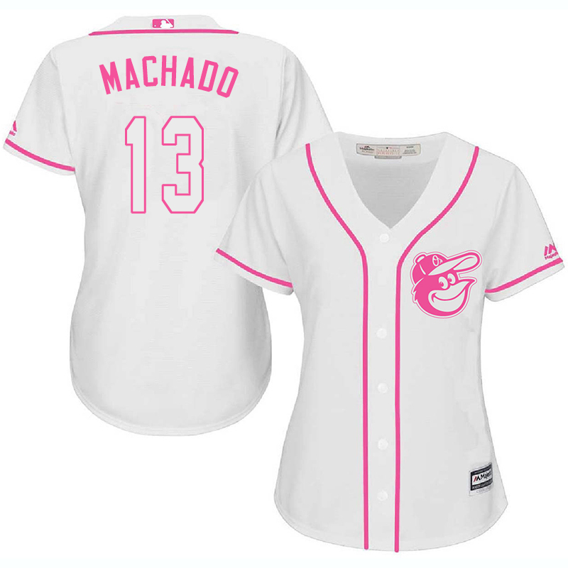 Orioles 13 Manny Machado White Pink Women Cool Base Jersey
