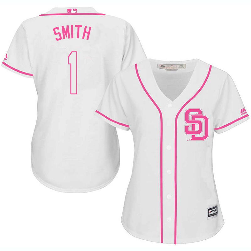 Padres 1 Seth Smith White Pink Women Cool Base Jersey