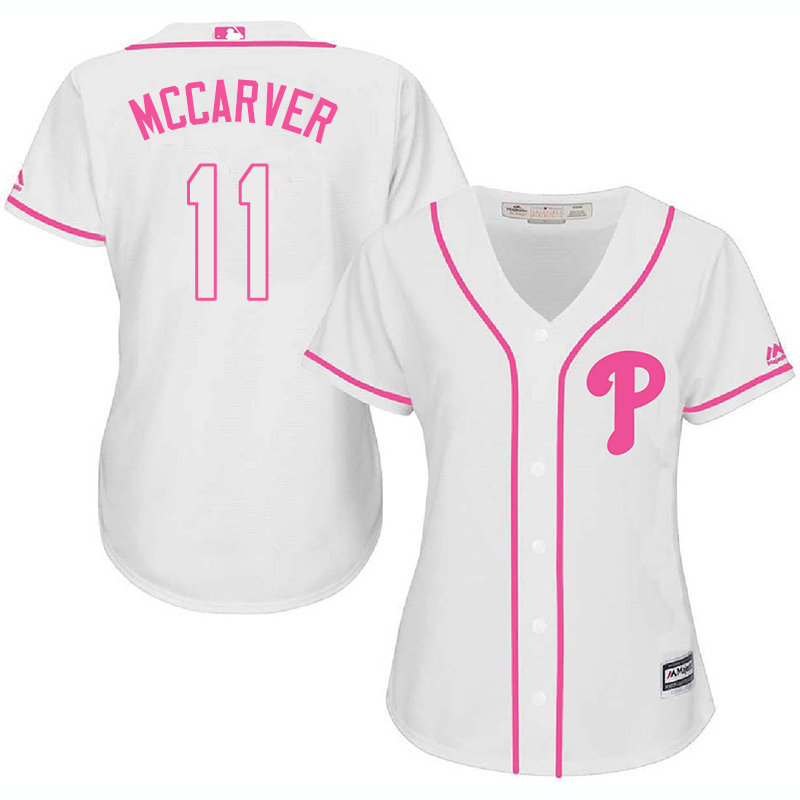 Phillies 11 Tim McCarver White Pink Women Cool Base Jersey