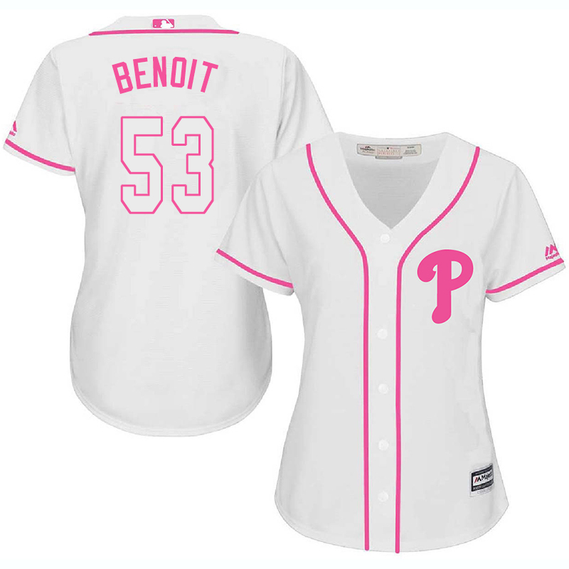 Phillies 53 Joaquin Benoit White Pink Women Cool Base Jersey