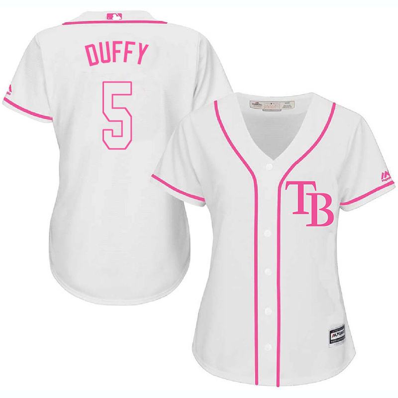 Rays 5 Matt Duffy White Pink Women Cool Base Jersey