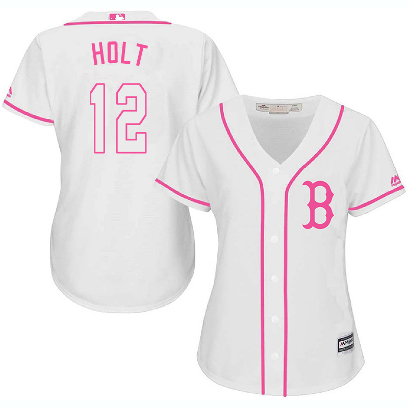 Red Sox 12 Brock Holt White Pink Women Cool Base Jersey