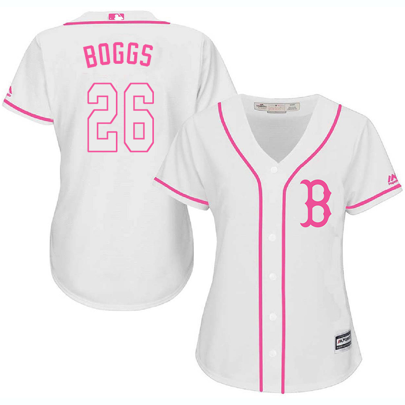 Red Sox 26 Wade Boggs White Pink Women Cool Base Jersey