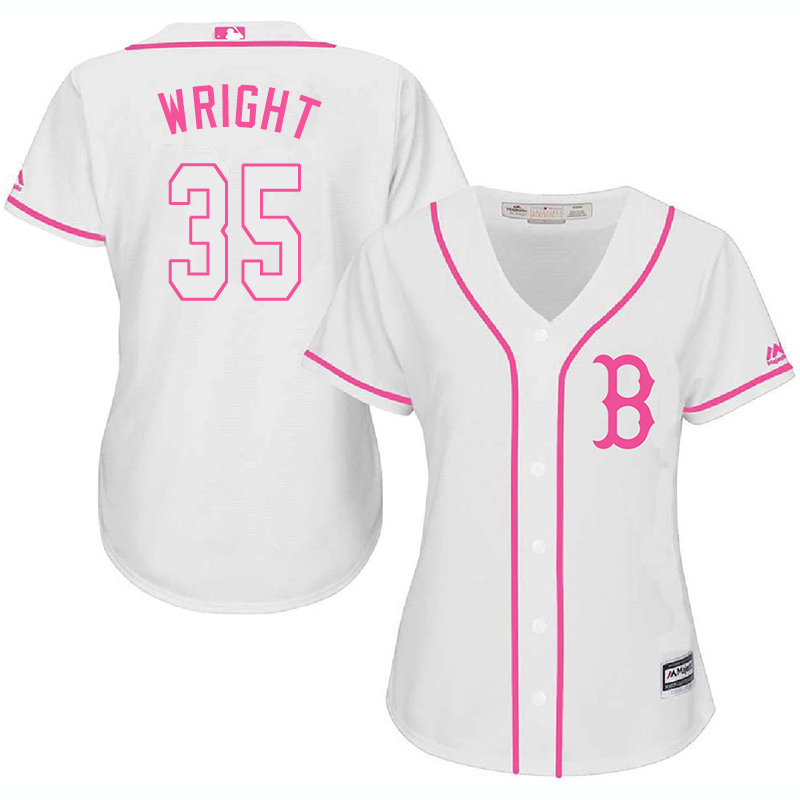 Red Sox 35 Steven Wright White Pink Women Cool Base Jersey