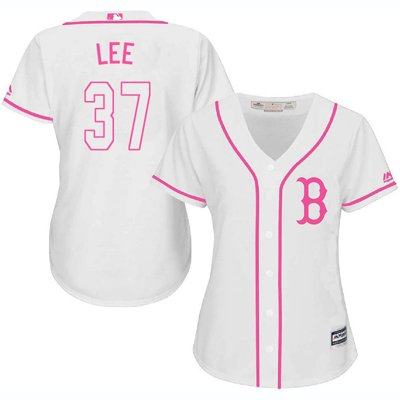 Red Sox 37 Bill Lee White Pink Women Cool Base Jersey - Click Image to Close