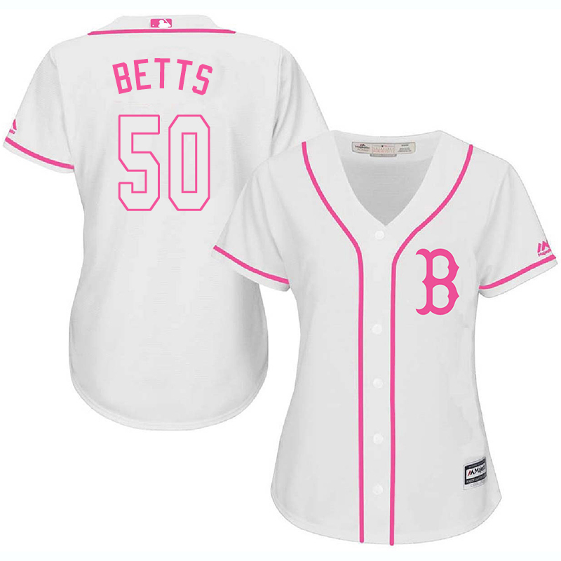 Red Sox 50 Mookie Betts White Pink Women Cool Base Jersey
