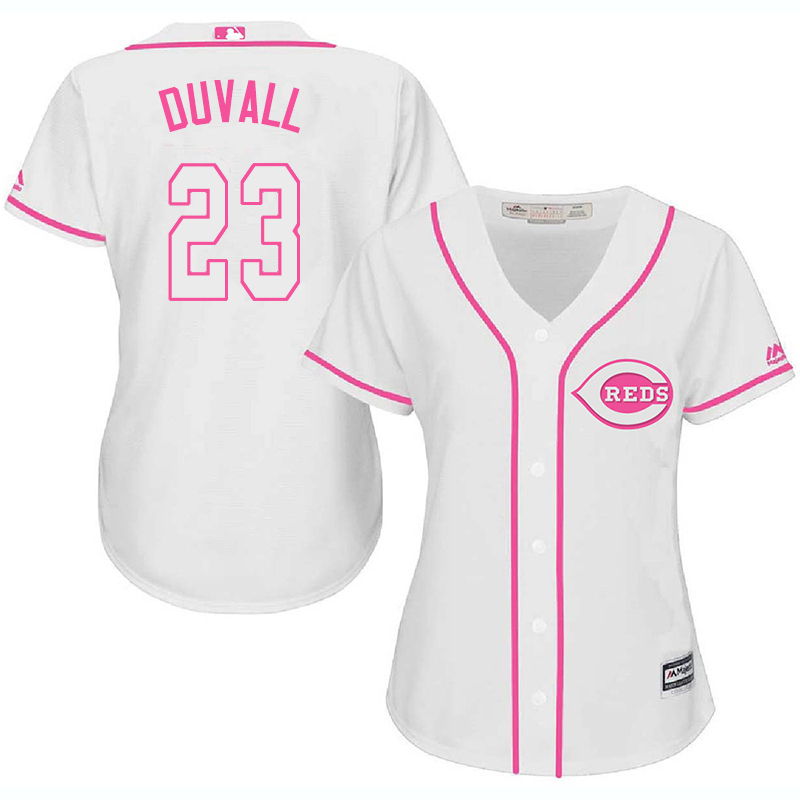 Reds 23 Adam Duvall White Pink Women Cool Base Jersey - Click Image to Close