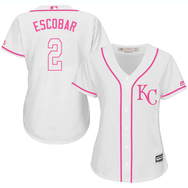 Royals 2 Alcides Escobar White Pink Women Cool Base Jersey