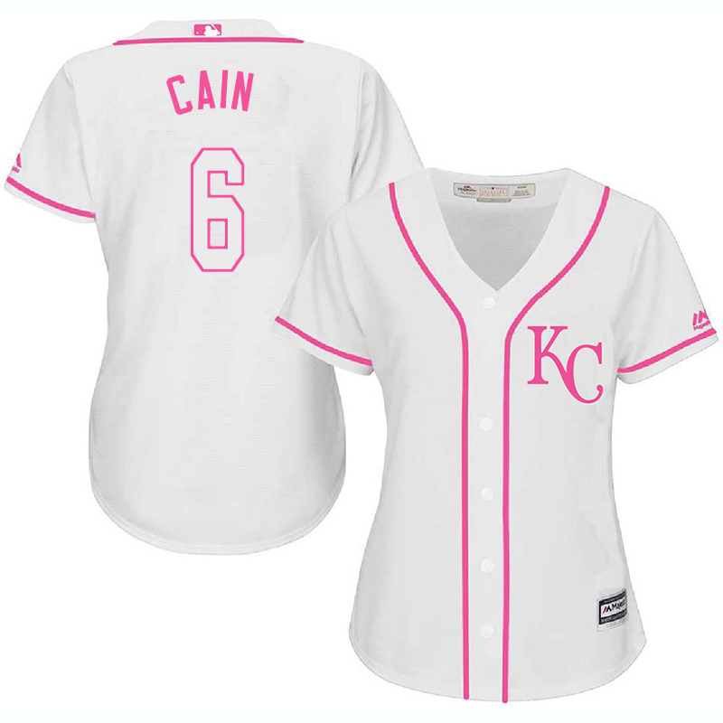 Royals 6 Lorenzo Cain White Pink Women Cool Base Jersey