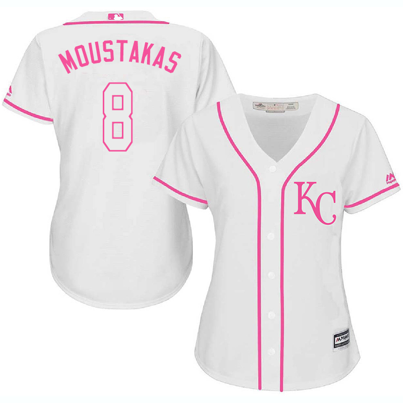 Royals 8 Mike Moustakas White Pink Women Cool Base Jersey - Click Image to Close