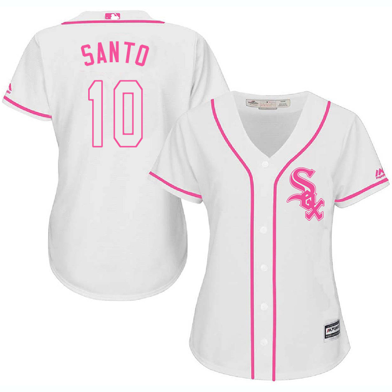 White Sox 10 Ron Santo White Pink Women Cool Base Jersey