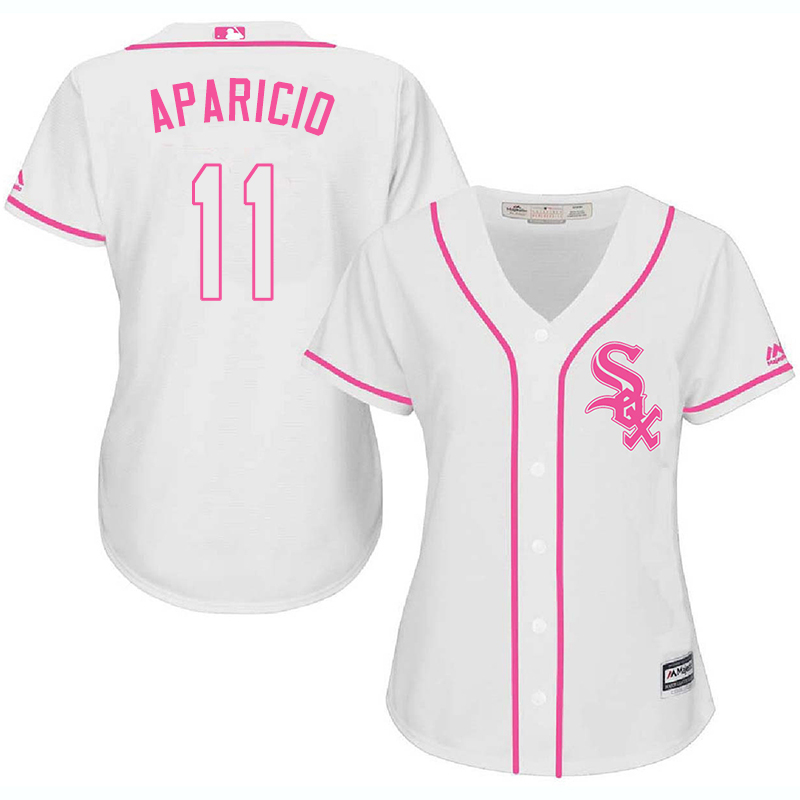 White Sox 11 Luis Aparicio White Pink Women Cool Base Jersey