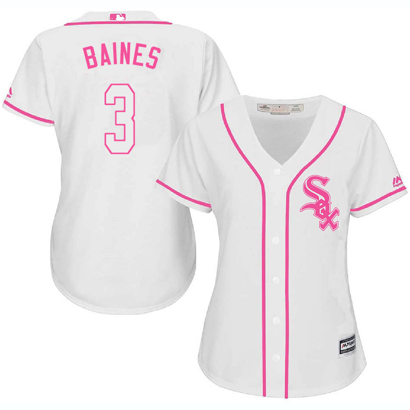 White Sox 3 Harold Baines White Pink Women Cool Base Jersey
