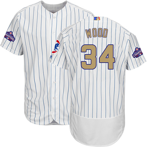 Cubs 34 Kerry Wood White World Series Champions Gold Program Flexbase Jersey - Click Image to Close