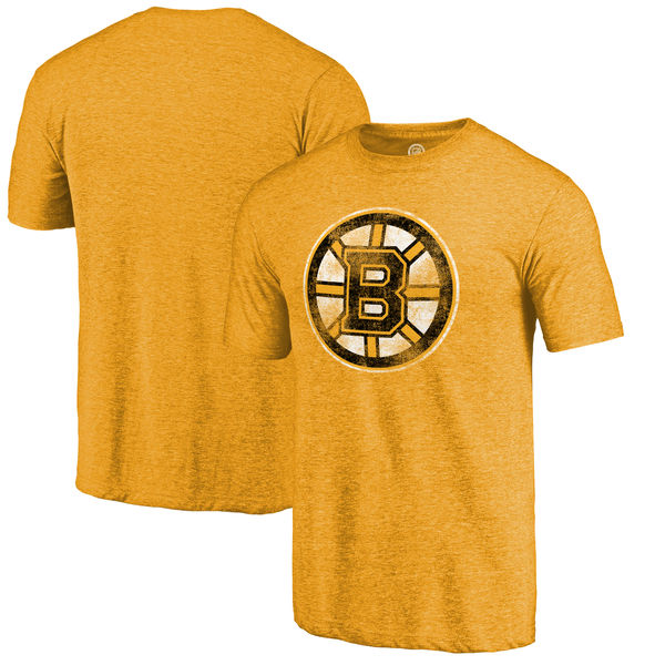 Boston Bruins Distressed Team Primary Logo Tri Blend T-Shirt Gold