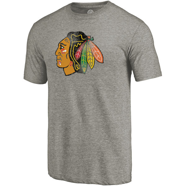 Chicago Blackhawks Distressed Team Primary Logo Tri Blend T-Shirt Gray