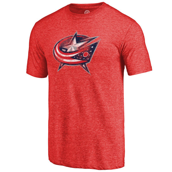 Columbus Blue Jackets Distressed Team Primary Logo Tri Blend T-Shirt Red - Click Image to Close