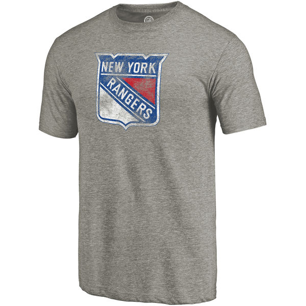 New York Rangers Distressed Team Primary Logo Tri Blend T-Shirt Gray - Click Image to Close