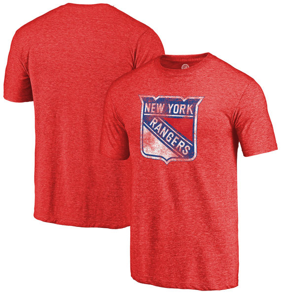 New York Rangers Distressed Team Primary Logo Tri Blend T-Shirt Red - Click Image to Close