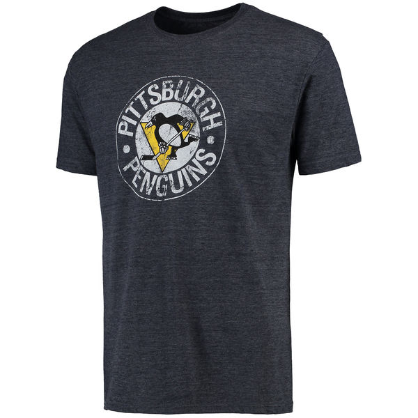 Pittsburgh Penguins Rinkside 1968 1972 Distressed Throwback Logo Tri Blend T-Shirt Navy