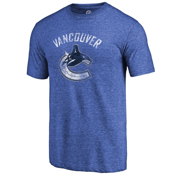 Vancouver Canucks Distressed Team Primary Logo Tri Blend T-Shirt Royal - Click Image to Close