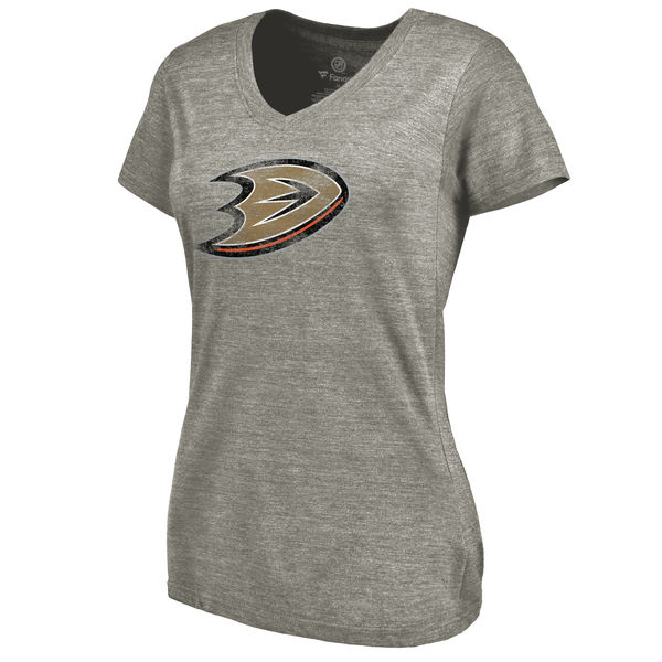 Anaheim Ducks Women's Distressed Team Primary Logo Tri Blend T-Shirt Ash
