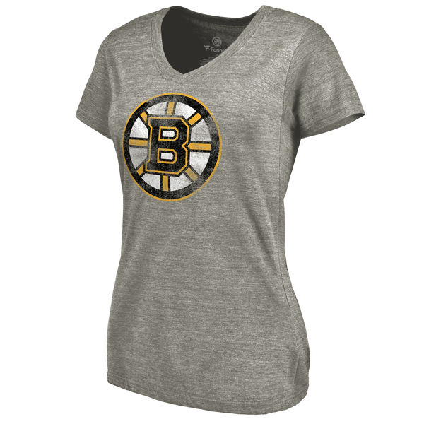 Boston Bruins Women's Distressed Team Logo Tri Blend V Neck T-Shirt Ash