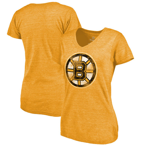 Boston Bruins Women's Distressed Team Primary Logo V Neck Tri Blend T-Shirt Gold - Click Image to Close