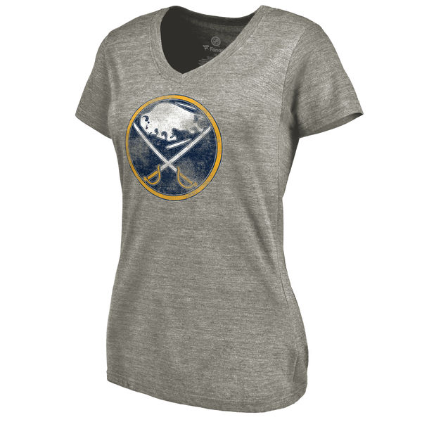 Buffalo Sabres Women's Distressed Team Logo Tri Blend V Neck T-Shirt Ash