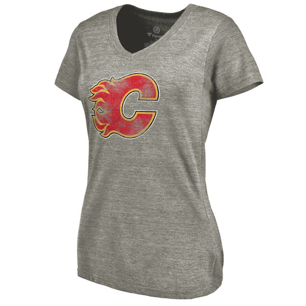 Calgary Flames Women's Distressed Team Logo Tri Blend V Neck T-Shirt Ash