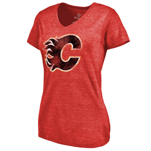 Calgary Flames Women's Distressed Team Primary Logo Tri Blend T-Shirt Red